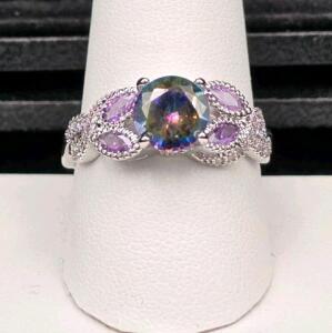 Mystic Rainbow Topaz, Faceted Round Cut Gemstone Ring, size 10