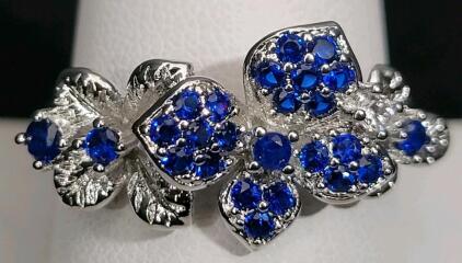 Pretty Blue Sapphire Flower .925 Ring, Size 10