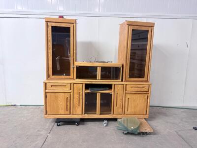 Oak Entertainment Center Wall Unit, Modular 3-Piece, Glass Doors/Shelves, Storage Drawers 77&rdquo;x24&rdquo;x84&rdquo;