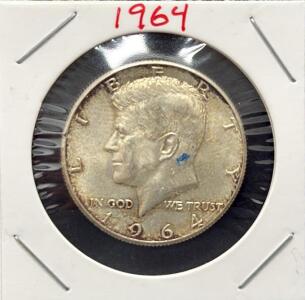 1964 Kennedy Half Dollar 90% Silver, Circulated, No Mint Mark, Blue Cheek Mark, in 2x2 Holder