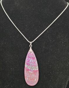 44.00 ct. Peach/Green Dragon Vein Agate Teardrop Pendant, .925 Necklace