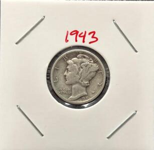 1943-D Mercury Dime, 90% Silver, Circulated, Denver Mint Winged Liberty US Coin