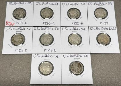 Buffalo Nickel Coin Lot: 1919-D Key Date, 1920-P, 1927, 1928-P, 1929-P, 10 Coins, Circulated