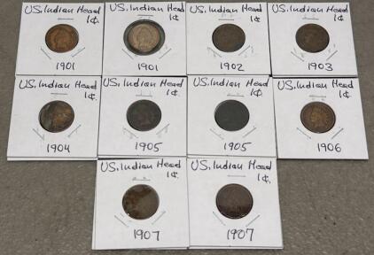 1901&ndash;1907 U.S. Indian Head Cent Collection &ndash; 10 Coins in Protective Holders