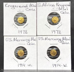 4 Piece Miniature 1978 Krugerrand Gold Plated Coins and 1914 US Mercury Mini Coins