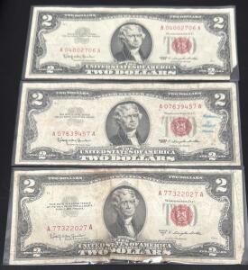 1963 U.S. $2 Red Seal Notes &ndash; Circulated, Serial Numbers: A04002706A, A07639457A, A77322027A