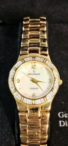 (1) Vintage Peugeot 782 Mother Of Pearl Genuine Diamond Quartz Gold Tone Ladies Watch