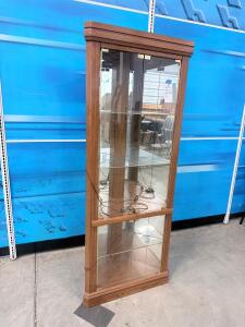 Traditional Oak Corner Curio Cabinet with Mirrored Back and Glass Shelves, 1980s-1990s