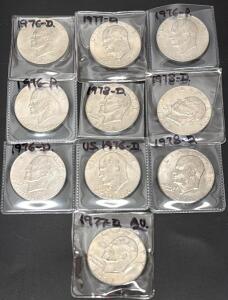 11 Eisenhower Dollar Coins &ndash; 1976, 1977, 1978 &ndash; D & P Mint Marks, Circulated & AU