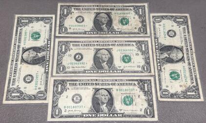 5 U.S. $1 Star Notes &ndash; Series 2017/2003A, St. Louis, New York & Kansas City, Mixed Signatures