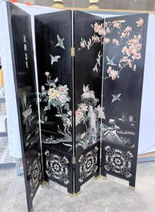 4-Panel Chinese Lacquered Wood Folding Screen, Brass Hinges, Floral & Birds
