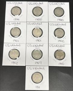 1899&ndash;1911 Liberty V Nickel Lot, 10 Coins, U.S. 5c, Copper-Nickel, Barber Design