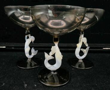 (3) Vintage Handblown 3.5" Bimini Art Deco Liqueur Glass White Lampworked Glass Mermaid Figurines