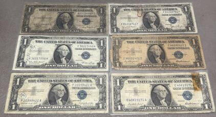 Lot of 6 U.S. $1 Silver Certificates - 1935, 1957 Series, Blue Seal, Circulated