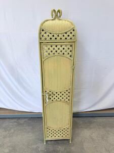 Vintage Tall Wicker Corner Cabinet, Curved Scroll Top, Lattice Detail, Approx. 6ft
