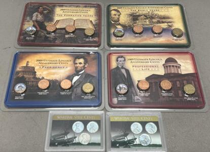 2009 Lincoln Anniversary 16-Coin Set & WWII 1943 Wartime Steel Cent Sets in Display Cases