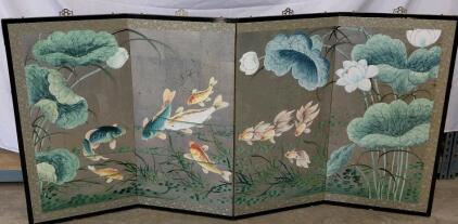 Hand-Painted 4-Panel Folding Screen with Koi and Lotus, Made in Hong Kong