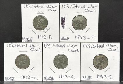 1943 Lincoln Steel Wheat Penny Lot, WWII US Mint, Philadelphia & San Francisco, Wheat Reverse