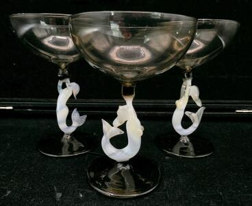 (3) Vintage Handblown 3.5" Bimini Art Deco Liqueur Glass White Lampworked Glass Mermaid Figurines