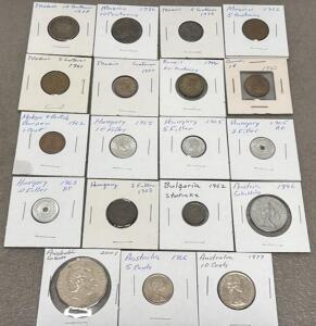 World Coin Lot, 20 Coins 1903&ndash;2001, Mexico, Australia, Hungary, Austria, Canada, More, 2x2 Holders