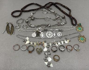 Large Assorted Costume Jewelry Lot &ndash; 4 Necklaces, 7 Rings, 2 Earrings, Frames, Mixed Styles
