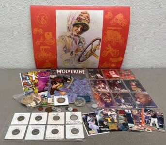 Comics, Sports Cards & Token Lot &ndash; X-Men/Wolverine, Hakeem Olajuwon, Cal Ripken, Tokens, Vintage Coca Cola Poster