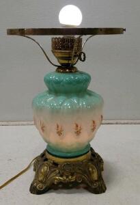 Aqua Milk Glass Electric Table Lamp with Ornate Brass Base, Double Light Nightlight Feature
