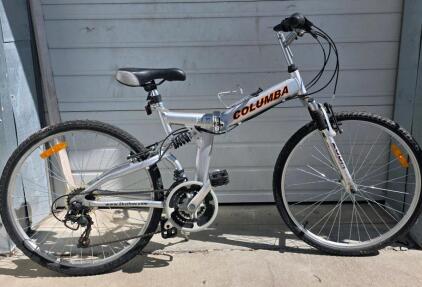 Columba RJ26A Folding Mountain Bike, 26" Wheels, 18-Speed, Dual Suspension, Silver, Aluminum Frame