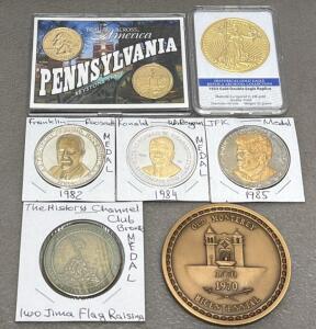 Collection of 8 U.S. Commemorative Medals & Replica Coins: Presidents, Bicentennials, Gold Double Eagle