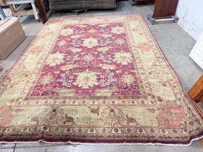 Hand-Knotted Oriental Wool Area Rug, 10' x 14', Burgundy/Cream/Sage