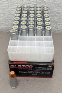 Blazer 10mm Auto 200gr FMJ Aluminum Case Ammo, 37 Rounds, Box 3597, USA