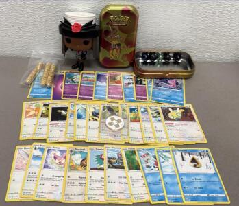 Pok&eacute;mon Card and Tin Lot w/ 2022 Coin, Funko Pop Dionne #248, Marbles, Gold Flake Vials