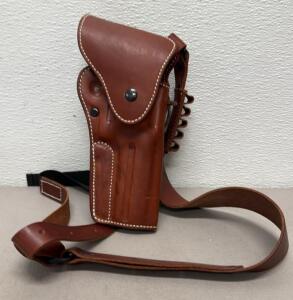 R. Johnston Leather Shoulder Holster, Right-Handed, Brown, Adjustable Straps, Cartridge Loops