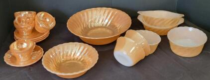 Fire-King Peach Lustre Dinnerware Set &ndash; Anchor Hocking, 16 Pieces, Vintage 1950s, Iridescent Glass