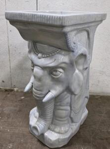 Ceramic Elephant Garden Stool Plant Stand, Glazed Blue Gray, 20.5"x9.5"x13", Ornate Details