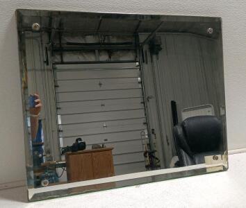 Frameless Rectangular Wall Mirror, 24" x 20", Polished Beveled Edge, Plywood Back, Wire Mount