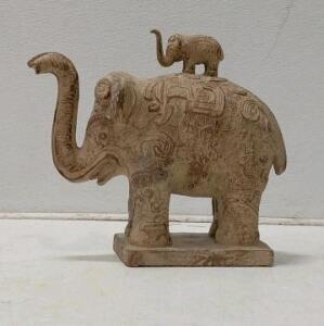 Handcrafted Terracotta Elephant Statue, Double Elephant Carving, India-Style