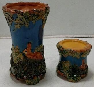 Vintage Majolica-Style Tree Stump Rabbit Planter Vase Set &ndash; Glazed Ceramic, Relief Motif, c. 1940s-60s