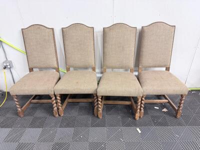 Set of 4 Upholstered Dining Chairs, Barley Twist Legs, Nailhead Trim, Beige Woven Fabric, Wood Frame