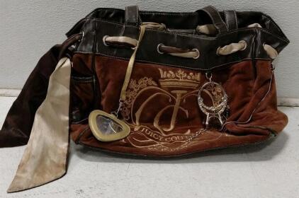 Juicy Couture Daydreamer Velour Tote Handbag, Brown, Embroidered Logo, Scarf, Mirror Keychain
