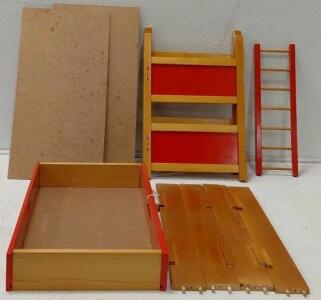Wooden Doll Bunk Bed, Natural Wood with Red Accents, Includes Ladder and Slats