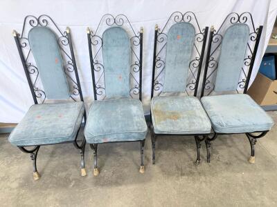 Set of 4 Vintage High Back Metal Dining Chairs, Ornate Scrollwork, Blue Velvet Upholstery, 1960s-80s