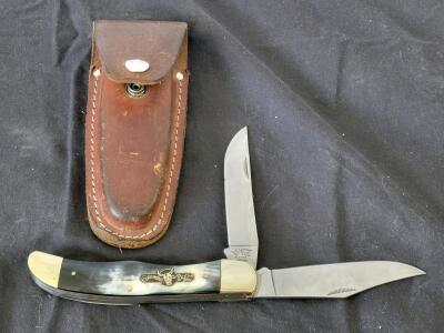 German Bull GBI-0690X Trapper Knife, 440SS Blades, Horn Handle, Leather Sheath