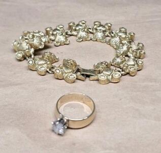 (1) Stamped 14K Gold Ring & (1) Heavy Gold Colored Teddy Bear Bracelet