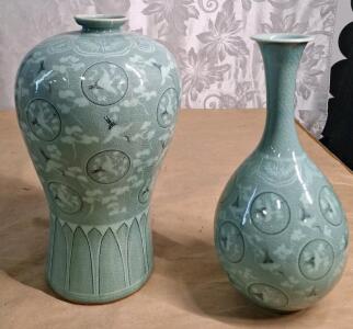 (2) 11" Signed Korean Celadon Cranes & Clouds Vases<br/>Maebyeong Inspired Soft Jade-Green Glaze W/ Crazed Porcelain<br/>