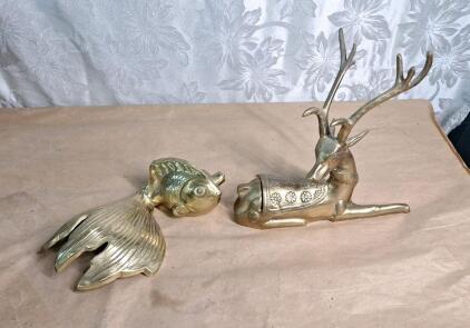 (1) Vintage Brass Antlered Deer Trinket Box, 10"L x 10"T & (1) Brass Koi Fish Figurine. 10"L x 4"T