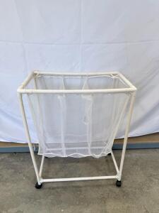 Mesh Laundry Hamper Cart, 3 Compartments, White PVC Frame, Rolling Casters, Removable Bag, 24"x14"x28"