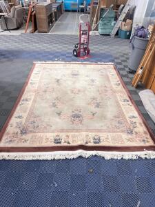 Chinese Art Deco Wool Rug 8x10, Floral Bouquet & Calligraphy Pattern, Hand-Knotted