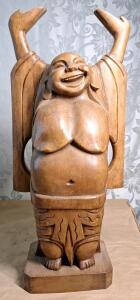 (1) 26" Tall Wooden Smiling Buddha Figurene