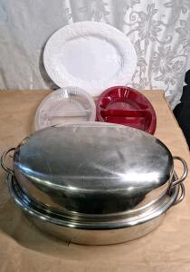 (1) 18" Oval Stainless Steel Roasting Pan W/ Lid, (1) 18" Oval Ceramic Serving Platter & (6) 18" Oval Plastic Serving Platters